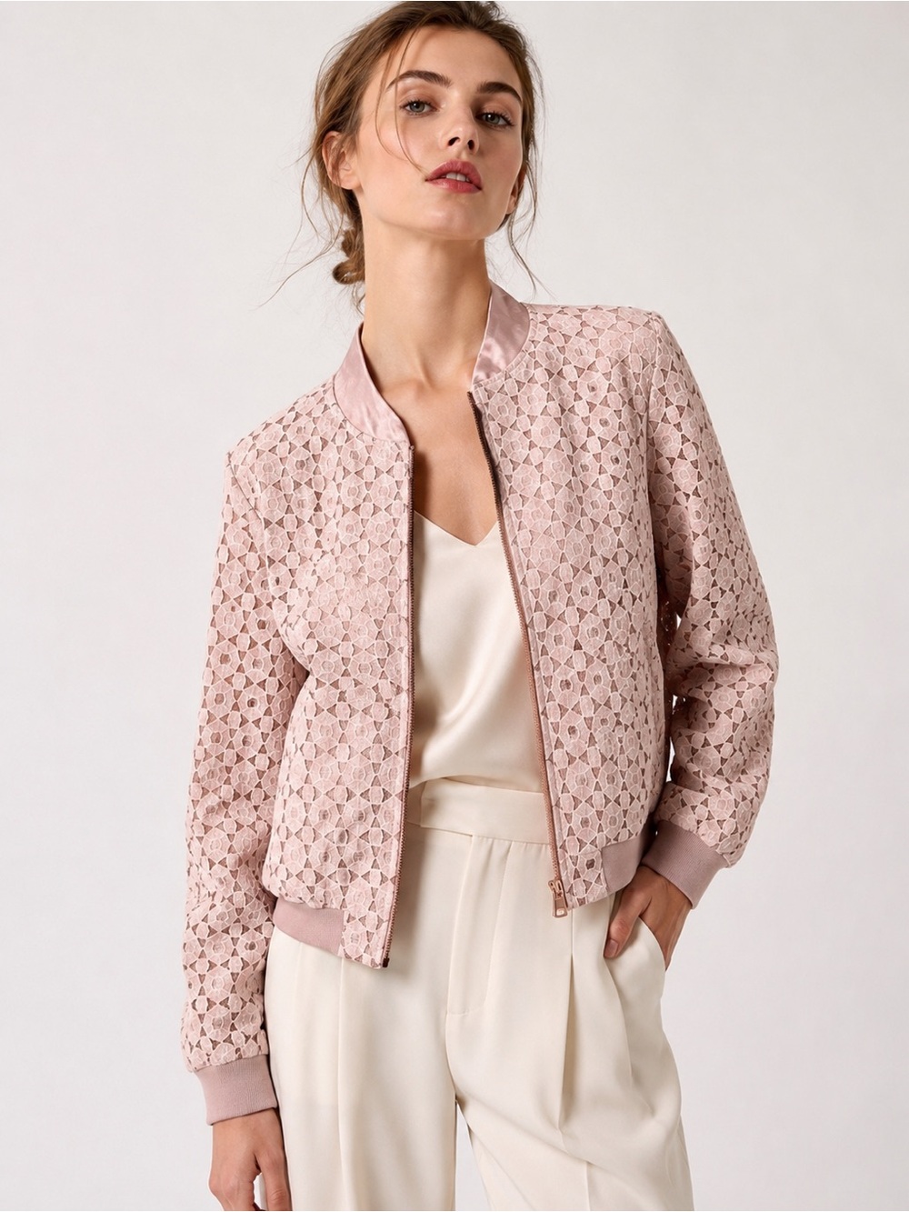 Johnston & Murphy Blush Pink Lace Bomber Jacket Satin Trim Zip Front L